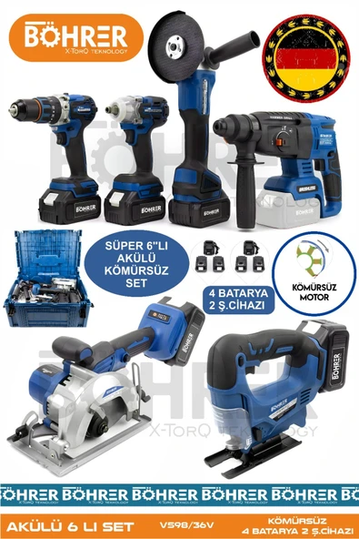 BÖHRER Alman 4 Akülü 2 Şarjlı Kömürsüz V598 5ah Profesyonel 6 Makine Kombo Set ,blue ürün görseli 1
