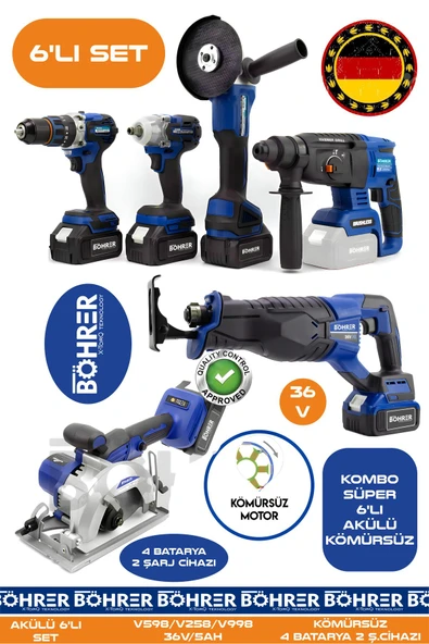 BÖHRER Alman BA01086M 4 Akülü 2 Şarjlı Kömürsüz V598 5Ah Profesyonel 6 Makine Kombo Set - MAVİ BLUE ürün görseli 1