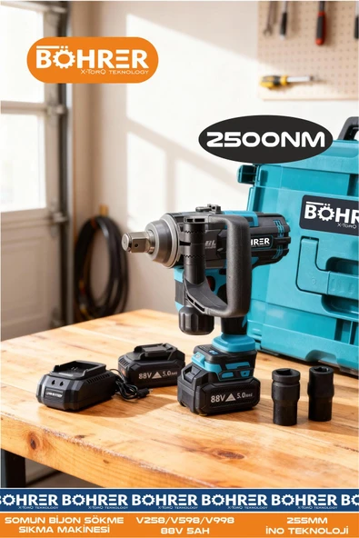 BÖHRER ÇİFT AKÜLÜ 2400NM TUTMA DESTEKLİ YENİ NESİL 88V 5AH YÜKSEK SOMUN SIKMA TİCARİ BİJON SÖKME MAKİNESİ ürün görseli 1
