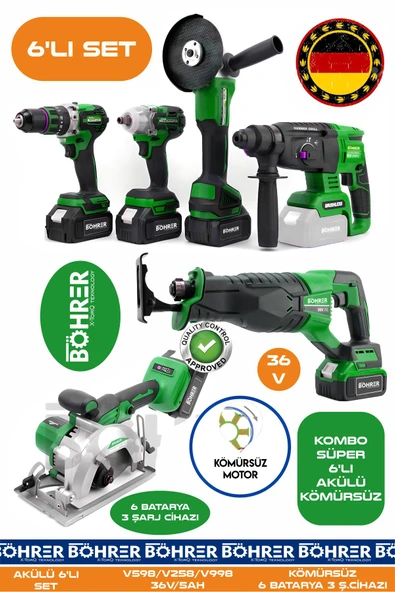 BÖHRER Alman BA01087Y 6 Akülü 3 Şarjlı Kömürsüz V598 5Ah Profesyonel 6 Makine Kombo Set - YEŞİL GREEN ürün görseli 1