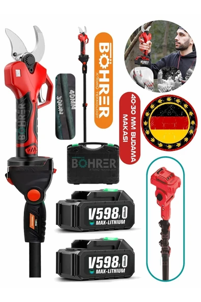 BÖHRER ALMAN RED KÖMÜRSÜZ DİJİTAL 3M UZATMA KOLLU 42MM PROFESYONEL AKÜLÜ BUDAMA BAĞ MAKASI ürün görseli 1