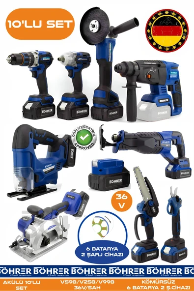 BÖHRER Alman 10 Makine Kombo Set BA01082M 6 Akülü 2 Şarjlı Kömürsüz V598 5Ah Profesyonel - BLUE MAVİ ürün görseli 1