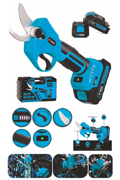 BÖHRER 30MM AKÜLÜ BLUE BUDAMA MAKASI , BAHÇE APAÇ DALI BUDAMA MAKİNESİ , SK5 BIÇAK 2 ADET 5000mAh BATARYA ürün görseli 1