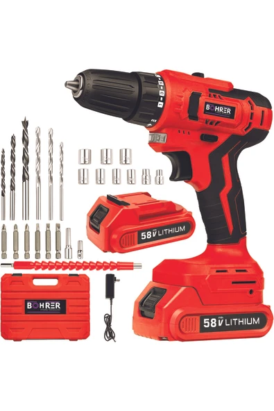 BÖHRER German 58v 5ah Pro Hummer Red Çift Akülü Yüksek Torq +24 Vidalama Şarjlı Matkap Set ürün görseli 1