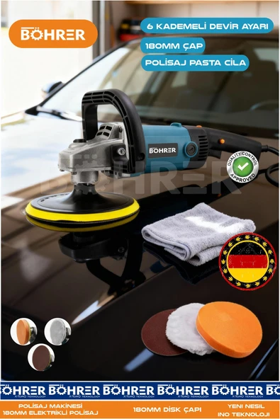 BÖHRER ELEKTRİKLİ 180MM 6 KADEME DEVİR AYARLI 2400W POLİSAJ PARLATMA POLİSAJ PASTA CİLA MAKİNESİ ürün görseli 1