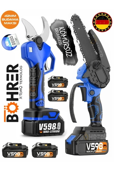 BÖHRER 4 BATARYALI 42 MM AKÜLÜ BUDAMA BAĞ MAKASI VE 20 CM AKÜLÜ BUDAMA TESTERESİ - V598/f 10Ah ürün görseli 1