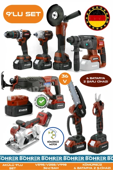 BÖHRER Alman BA01081K 6 Akülü 2 Şarjlı Kömürsüz V598 5Ah Profesyonel 9 Makine Kombo Set - RED KIRMIZI ürün görseli 1