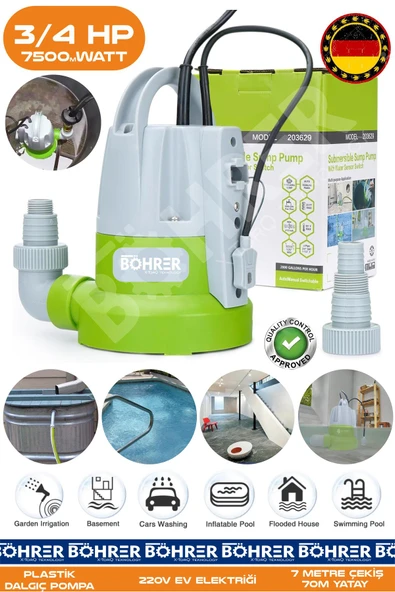 BÖHRER 5/8 HP 750W Plastik Temiz Su Dalgıç Pompası | 8,5m Dik-85m Yatay | 7200L Yüksek Debi - Sessiz Çalışm ürün görseli 1