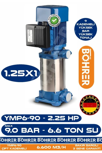 BÖHRER Alman YMP6-90 Yatay Milli 2.25 HP 9 Bar 6.6 Ton Su - Kademeli Su Pompası - Bakır Sargılı - Su Motoru ürün görseli 1
