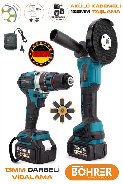 BÖHRER ALMAN V598 5AH SÜPER 2'Lİ AKÜLÜ 13MM DARBELİ VİDALAMA VE AKÜLÜ TAŞLAMA MAKİNESİ DEMİR KESME MAKİNESİ ürün görseli 1