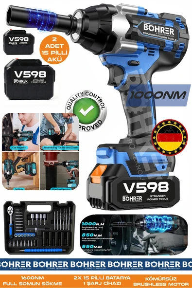 BÖHRER 1000NM BA011135 FULL SET V598 ORJİNAL 21V 3AH DEVİR AYARLI KÖMÜRSÜZ SOMUN SIKMA SÖKME MAKİNESİ ürün görseli 1