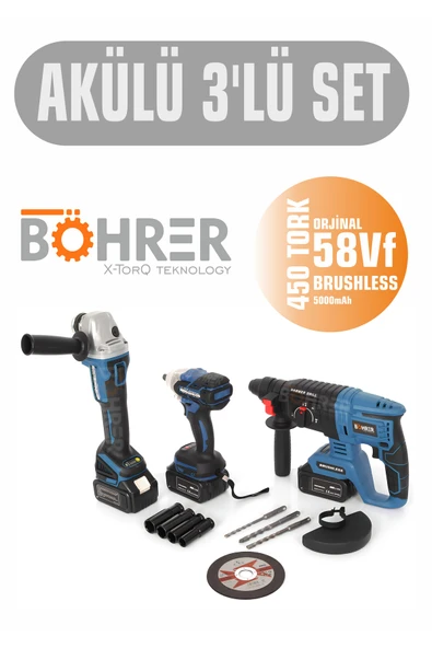 BÖHRER 3'lü Akülü Set 58vf Akülü Taşlama+ Akülü Hilti+ Akülü Bijon Sökme- Torklu Vidalama Matkap 3x Batarya ürün görseli 1