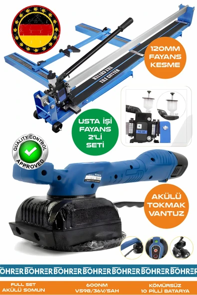 BÖHRER Alman Pro BA01078M 2'li Usta Fayans Seti - 120mm Lazerli Yağlı Süper Kesim Fayans Kesme + Titreşimli ürün görseli 1