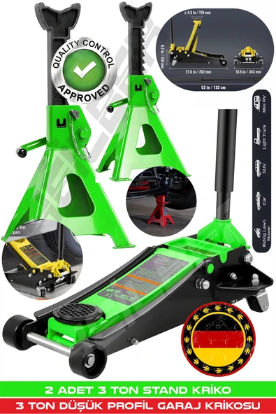HEİLBER ALMAN 3 TON GREEN ÇİFT PİSTONLU DÜŞÜK PROFİL GARAJ ZEMİN KRİKOSU + 2 ADET 3 TON TUTUCU STAND KRİKO ürün görseli 1
