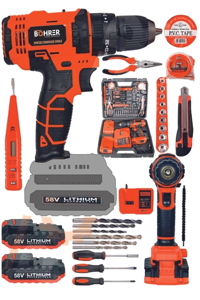 BÖHRER 58v 5ah Darbeli Metal Şanzıman 32 Parça Full Set Dark Orange Çift Akülü Şarjlı Vidalama Matkap ürün görseli 1