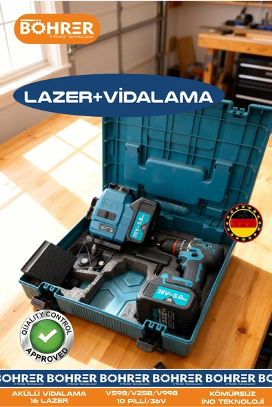 BÖHRER 36V 5AH LAZER İKİLİ SET - 16 SATIR 360 DERECE 4 KÖŞE LAZER HİZALAMA + DARBELİ TORKLU AKÜLÜ VİDALAMA ürün görseli 1