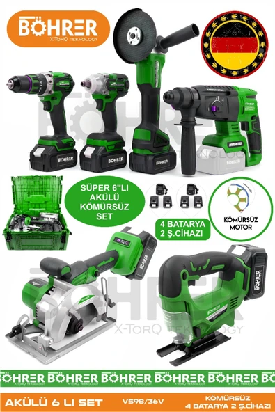 BÖHRER Alman 4 Akülü 2 Şarjlı Kömürsüz V598 5ah Profesyonel 6 Makine Kombo Set , ürün görseli 1