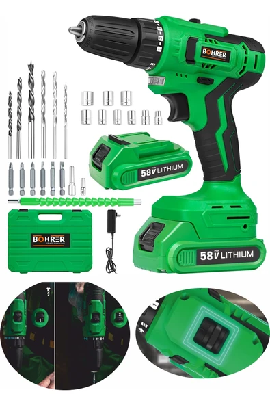 BÖHRER German 58v 5ah Pro Hummer Green Çift Akülü Yüksek Torq +24 Vidalama Şarjlı Matkap Set ürün görseli 1