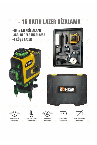 BÖHRER Profesyonel 2x Li-on Batarya 4x360 16 Satır Otomatik Hizalama Çapraz Çizgi Lazer + Kumanda ürün görseli 1