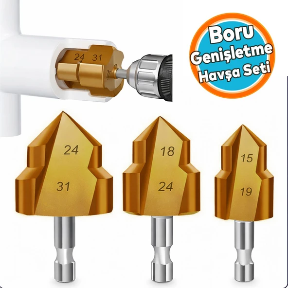 (3 Parça) Boru Genişletme Delme Ucu Havşa Seti Metal ve PVC Uyumlu Profesyonel Matkap Aksesuarı ürün görseli 1