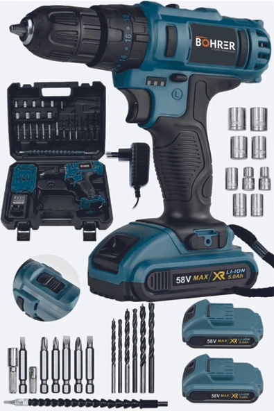 BÖHRER Profesyonel Bakır Sargılı 58 V 5 Ah Çift Akülü Dark Blue +24 Parça Ste Vidalama Matkap Seti ürün görseli 1