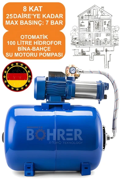 BÖHRER 6 KADEMELİ YMP6-70 YÜKSEK BASINÇ 8 KAT 25 DAİRE 'YE KADAR 1.75 HP 100L TANK HİDROFOR SU MOTORU POMPA ürün görseli 1