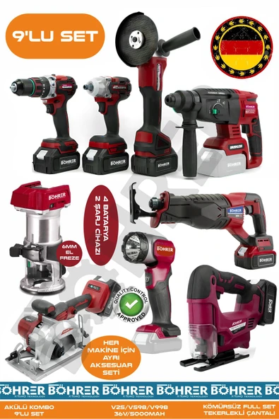 BÖHRER Alman 9 Makine Kombo Set BA01093K 4 Akülü 2 Şarjlı Kömürsüz V598 5Ah Profesyonel - RED KIRMIZI ürün görseli 1