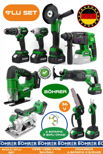 BÖHRER Alman 9 Makine Kombo Set BA01083Y 6 Akülü 2 Şarjlı Kömürsüz V598 5Ah Profesyonel -GREEN YEŞİL ürün görseli 1