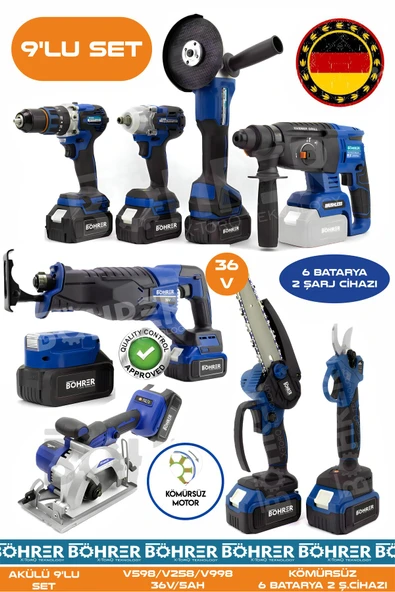 BÖHRER Alman BA01081M 6 Akülü 2 Şarjlı Kömürsüz V598 5Ah Profesyonel 9 Makine Kombo Set - BLUE MAVİ ürün görseli 1