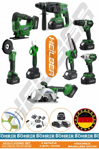 HEİLBER Alman 4 Akü 2 Şarj Cihazı V598/36v Profesyonel 8 Makine Kombo Set , Yeşil Çanta ürün görseli 1