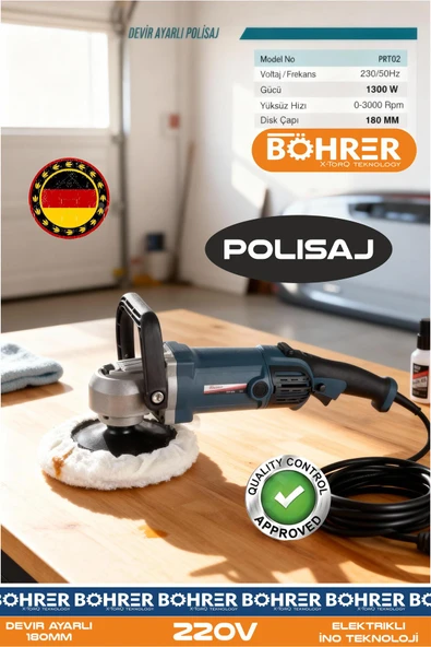 BÖHRER 180MM 6 KADEME DEVİR AYARLI 1300W 3000RPM OTO PASTA CİLA POLİSAJ MAKİNESİ ürün görseli 1