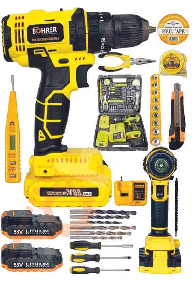 BÖHRER Böhr 58v 5ah Darbeli Metal Şanzıman 32 Parça Full Set Yellow Çift Akülü Şarjlı Vidalama Matkap ürün görseli 1