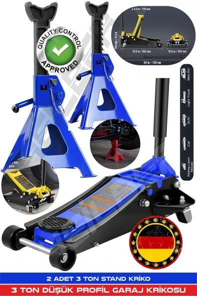 HEİLBER ALMAN 3 TON MAVİ ÇİFT PİSTONLU DÜŞÜK PROFİL GARAJ ZEMİN KRİKOSU + 2 ADET 3 TON TUTUCU STAND KRİKO ürün görseli 1