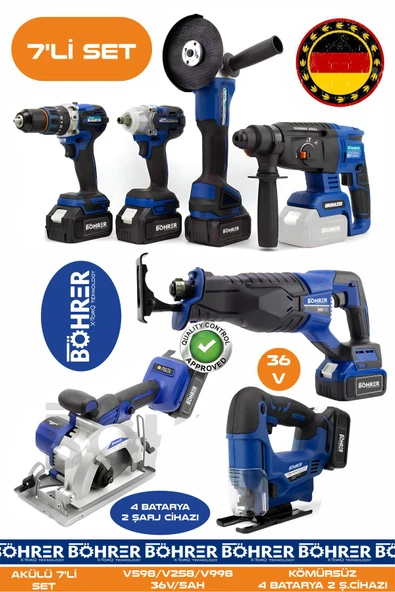 BÖHRER Alman 7 Makine Kombo Set BA01085M 4 Akülü 2 Şarjlı Kömürsüz V598 5Ah Profesyonel - MAVİ BLUE ürün görseli 1
