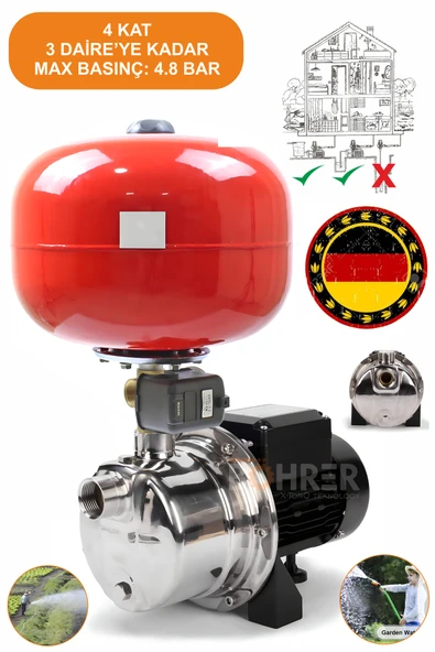 BÖHRER BAKIR SARGILI 4 KAT 4 DAİRE 1 HP OTOMATİK MUSLUK AÇ KAPA 24 L YATAY TANK HİDROFOR SU POMPASI MOTORU ürün görseli 1