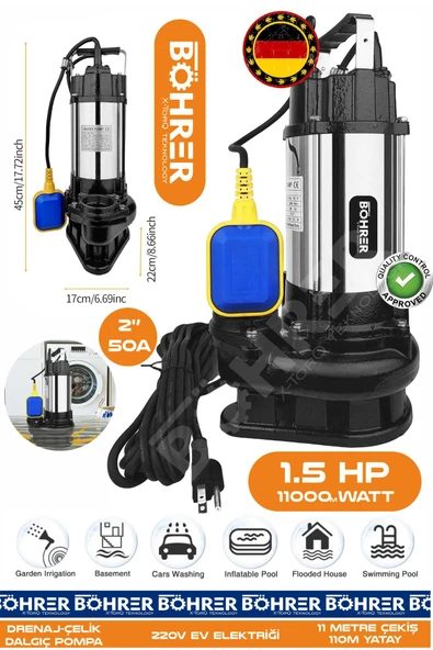 BÖHRER 1100W 1.5 HP 220V Demir Drenaj Çelik Gövde Dalgıç Su Motoru Pompa | 11m Derinlik -120m Yatay | 50" S ürün görseli 1