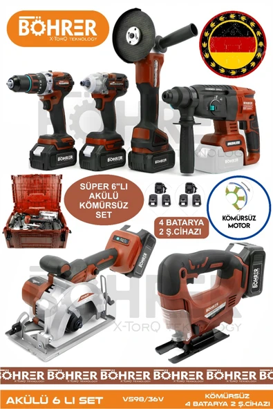 BÖHRER Alman 4 Akülü 2 Şarjlı Kömürsüz V598 5ah Profesyonel 6 Makine Kombo Set ,kırmızı ürün görseli 1