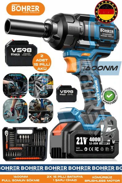 BÖHRER 1000NM BA011136 FULL SET V598 ORJİNAL 21V 3AH DEVİR AYARLI KÖMÜRSÜZ SOMUN SIKMA SÖKME MAKİNESİ ürün görseli 1