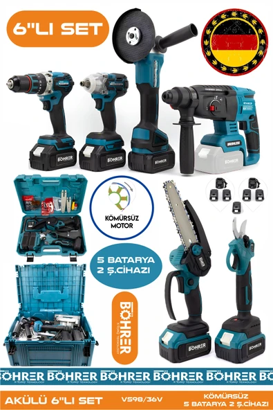 BÖHRER Alman 5 Akülü 2 Şarjlı Kömürsüz V598 5Ah Profesyonel 6 Makine Kombo Set ,Mavi Tek Çanta ürün görseli 1