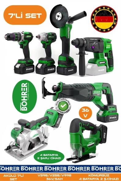 BÖHRER Alman 7 Makine Kombo Set BA01085Y 4 Akülü 2 Şarjlı Kömürsüz V598 5Ah Profesyonel - GREEN YEŞİL ürün görseli 1