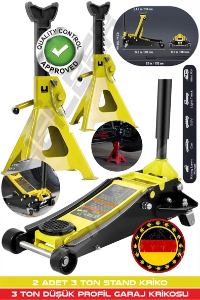 HEİLBER ALMAN 3 TON YELLOW ÇİFT PİSTONLU DÜŞÜK PROFİL GARAJ ZEMİN KRİKOSU + 2 ADET 3 TON TUTUCU STAND KRİKO ürün görseli 1