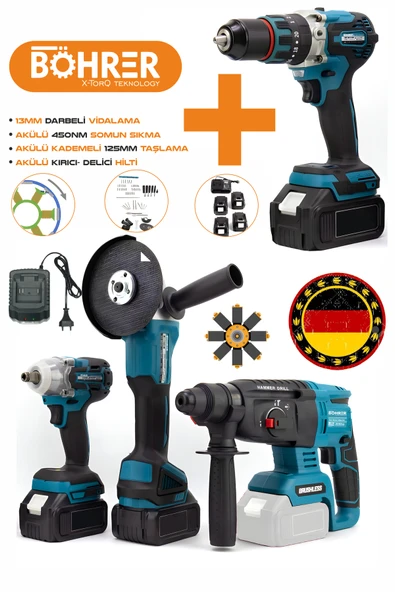BÖHRER ALMAN 4'LÜ SET AKÜLÜ 13MM AKÜLÜ KIRICI DELİCİ HİLTİ, DARBELİ VİDALAMA, SOMUN SIKMA ,TAŞLAMA MAKİNESİ ürün görseli 1