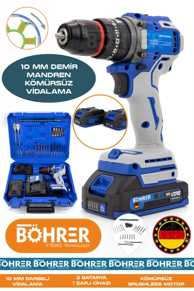 BÖHRER ALMAN ÇİFT AKÜLÜ V298 5AH BLUE 10MM DEMİR MANDREN DARBELİ VİDALAMA MATKAP ürün görseli 1