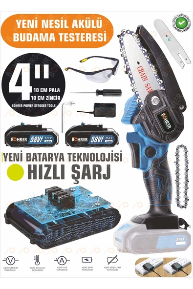 BÖHRER Taşınabilir Darkblue 10 Cm 4'' Bahçe Ev Ağaç Dalları Portatif 58vf 5ah Akülü Zinciri Budama Testere ürün görseli 1