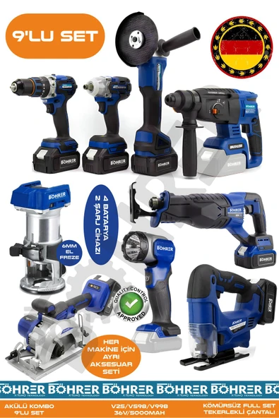 BÖHRER Alman 9 Makine Kombo Set BA01093M 4 Akülü 2 Şarjlı Kömürsüz V598 5Ah Profesyonel - BLUE MAVİ ürün görseli 1