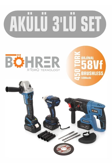 BÖHRER 3’lü 258Vf 5Ah Şarjlı Kırıcı Delici -Taşlama -Vidalama +3 Batarya +1 Şarj Cihazı Komple Akülü Set ürün görseli 1