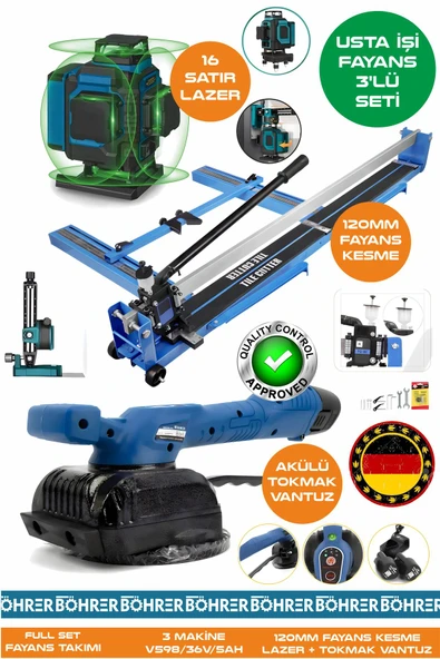 BÖHRER Alman Pro BA01076M 3'lü Usta Fayans Seti - 120mm Fayans Kesme + Tokmak Vantuz + 16 Satır LAzer Hizal ürün görseli 1