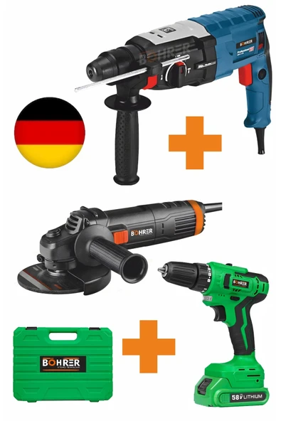BÖHRER 3'lü 3200W Kırıcı Delici Hilti + V58 5000mAh Akülü Vidalama + 2100W 125mm Demir Kesme Taşlama Makine ürün görseli 1