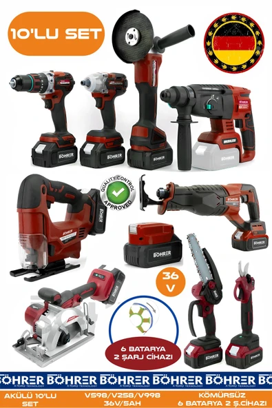 BÖHRER Alman 10 Makine Kombo Set BA01082K 6 Akülü 2 Şarjlı Kömürsüz V598 5Ah Profesyonel -KIRMIZI RED ürün görseli 1