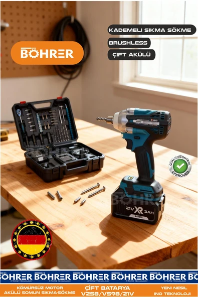 BÖHRER ALMANPRO YENİ NESİL 450NM CIRCIRLI +40 PARÇA KÖMÜRSÜZ ÇİFT BATARYA SOMUN SÖKME SIKMA MAKİNESİ ürün görseli 1